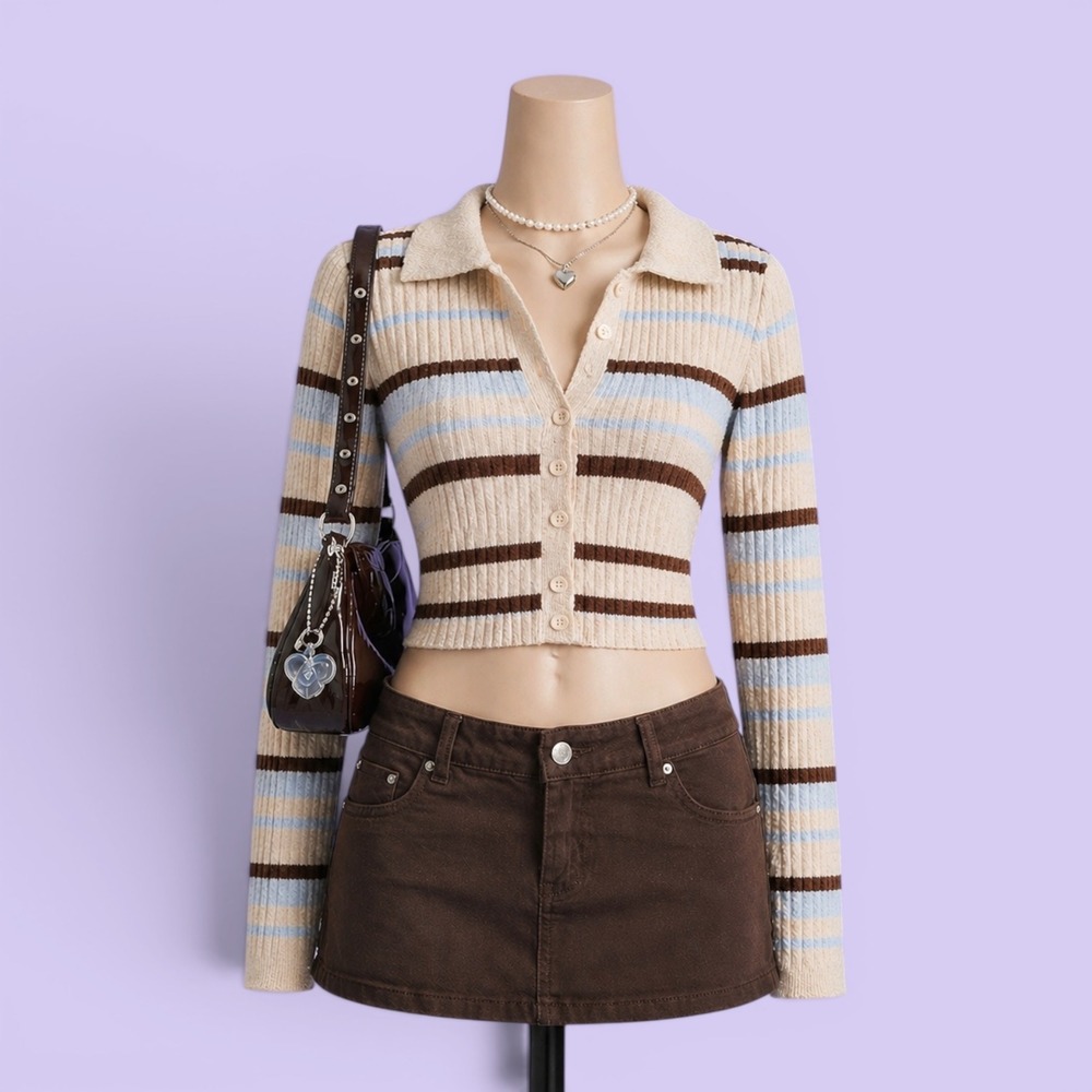 LA Hearts Vintage Y2K Cropped Ribbed Striped Polo Cardigan Sweater S Brown Blue